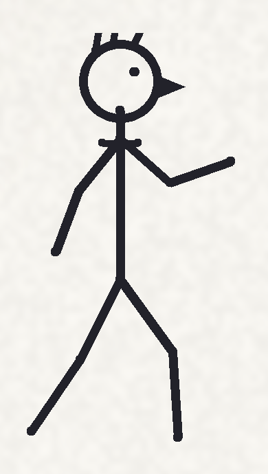 A stick figure drawn in black marker, seen from the side, facing right.