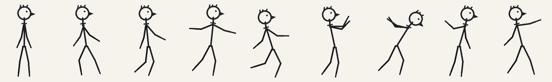 The same stick figure standing, running, jumping, falling, landing, blocking, getting hit, winding up and punching.